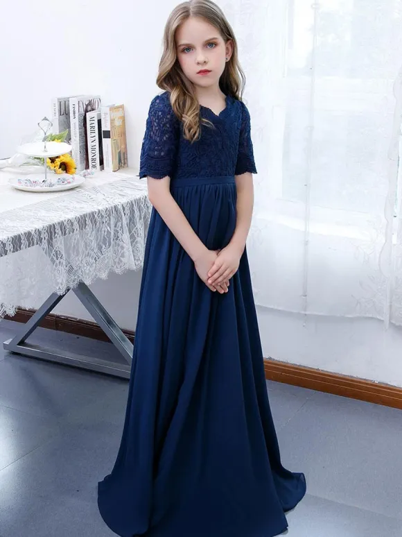 Dark Navy Flower Girl Dress Chiffon Lace V-Neck Short Sleeves Kids Birthday Party Dresses