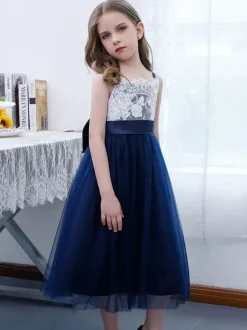 Dark Navy Flower Girl Dress Chiffon Lace Square Neck Sleeveless Kids Birthday Party Dresses