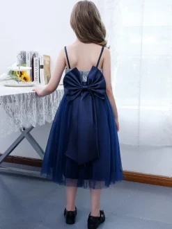 Dark Navy Flower Girl Dress Chiffon Lace Square Neck Sleeveless Kids Birthday Party Dresses