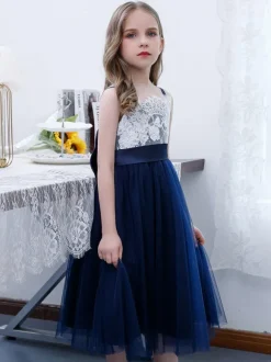 Dark Navy Flower Girl Dress Chiffon Lace Square Neck Sleeveless Kids Birthday Party Dresses
