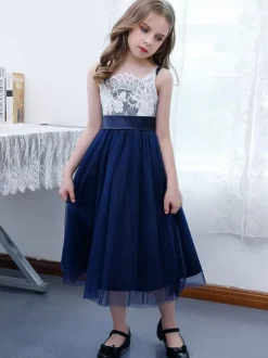 Dark Navy Flower Girl Dress Chiffon Lace Square Neck Sleeveless Kids Birthday Party Dresses