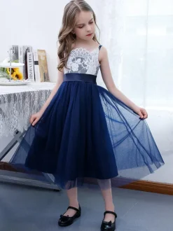 Dark Navy Flower Girl Dress Chiffon Lace Square Neck Sleeveless Kids Birthday Party Dresses