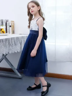 Dark Navy Flower Girl Dress Chiffon Lace Square Neck Sleeveless Kids Birthday Party Dresses
