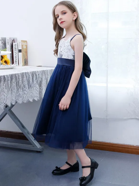 Dark Navy Flower Girl Dress Chiffon Lace Square Neck Sleeveless Kids Birthday Party Dresses