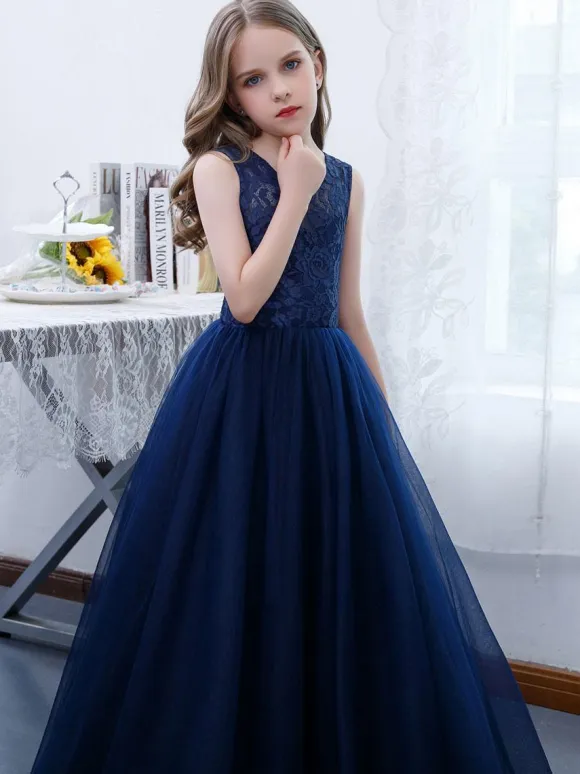 Dark Navy Flower Girl Dress Lace Jewel Neck Sleeveless Kids Birthday Party Dresses