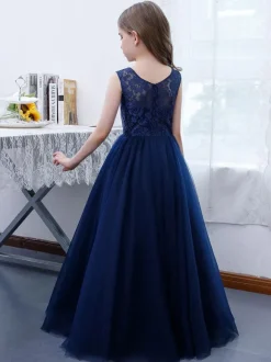 Dark Navy Flower Girl Dress Lace Jewel Neck Sleeveless Kids Birthday Party Dresses