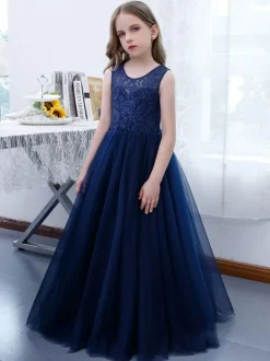 Dark Navy Flower Girl Dress Lace Jewel Neck Sleeveless Kids Birthday Party Dresses