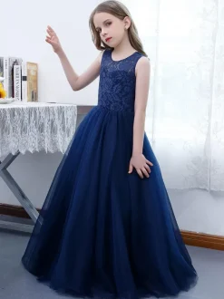 Dark Navy Flower Girl Dress Lace Jewel Neck Sleeveless Kids Birthday Party Dresses