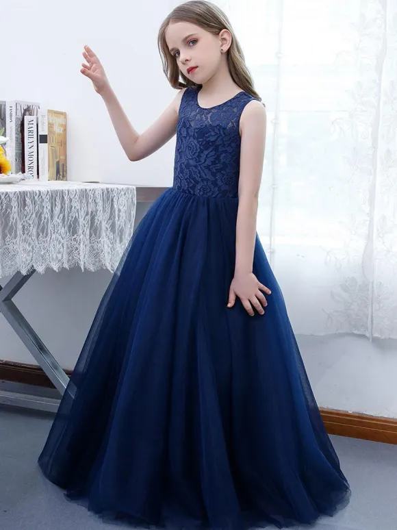 Dark Navy Flower Girl Dress Lace Jewel Neck Sleeveless Kids Birthday Party Dresses
