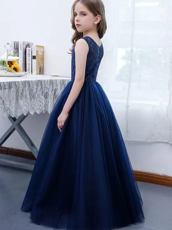 Dark Navy Flower Girl Dress Lace Jewel Neck Sleeveless Kids Birthday Party Dresses
