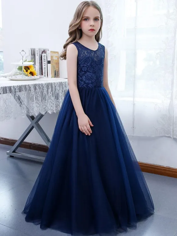 Dark Navy Flower Girl Dress Lace Jewel Neck Sleeveless Kids Birthday Party Dresses