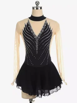 Dark Back Swam Skating Dress High Collar Beaded Mesh Skating Costumes For Women And Girl