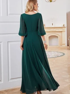 Dark Green Dress Chiffon Half Sleeves Empire Waist Prom Maxi Dresses