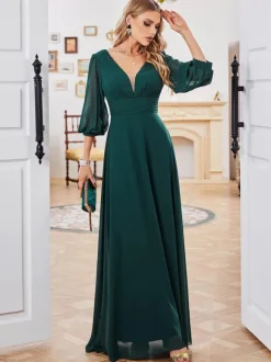 Dark Green Dress Chiffon Half Sleeves Empire Waist Prom Maxi Dresses
