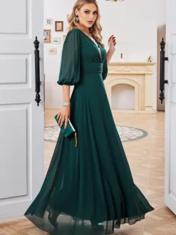 Dark Green Dress Chiffon Half Sleeves Empire Waist Prom Maxi Dresses
