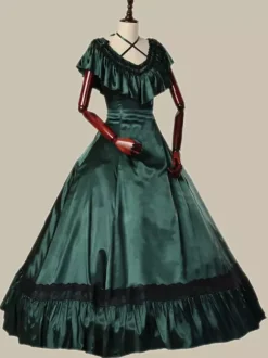 Dark Green Retro Tudor Dress Costumes Ruffles Marie Antoinette Costume Polyester Dress Women's Retro Tunic 18th Century Costume