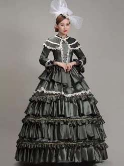 Dark Green Retro Tudor Dress Costumes Women's Lace Flowers Polyester Tunic Dress Headwear Marie Antoinette Costume Vintage Party Prom Dress
