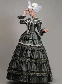 Dark Green Retro Tudor Dress Costumes Women's Lace Flowers Polyester Tunic Dress Headwear Marie Antoinette Costume Vintage Party Prom Dress