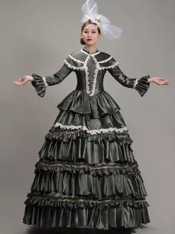 Dark Green Retro Tudor Dress Costumes Women's Lace Flowers Polyester Tunic Dress Headwear Marie Antoinette Costume Vintage Party Prom Dress