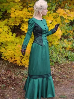 Dark Green Retro Tudor Dress Costumes Women's Marie Antoinette Costume Lace Polyester Set Top Skirt Retro Vintage Clothing