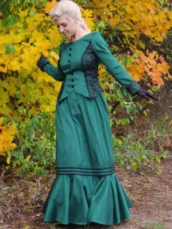 Dark Green Retro Tudor Dress Costumes Women's Marie Antoinette Costume Lace Polyester Set Top Skirt Retro Vintage Clothing