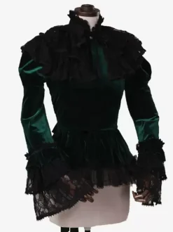 Dark Green Retro Tudor Shirt Costumes Bows Women's Royal Top Marie Antoinette Costume Party Prom Blouse