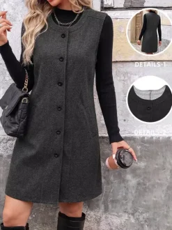Dark Grey Sleeveless Wool Blend Midi Vest Dress Round Neck Button Front Casual Waistcoat