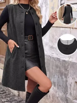 Dark Grey Sleeveless Wool Blend Midi Vest Dress Round Neck Button Front Casual Waistcoat