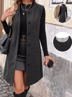 Dark Grey Sleeveless Wool Blend Midi Vest Dress Round Neck Button Front Casual Waistcoat