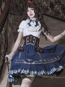 Dark Navy Gothic Lolita Dresses Ruffles Short Sleeves Classic Lolita Dress Set