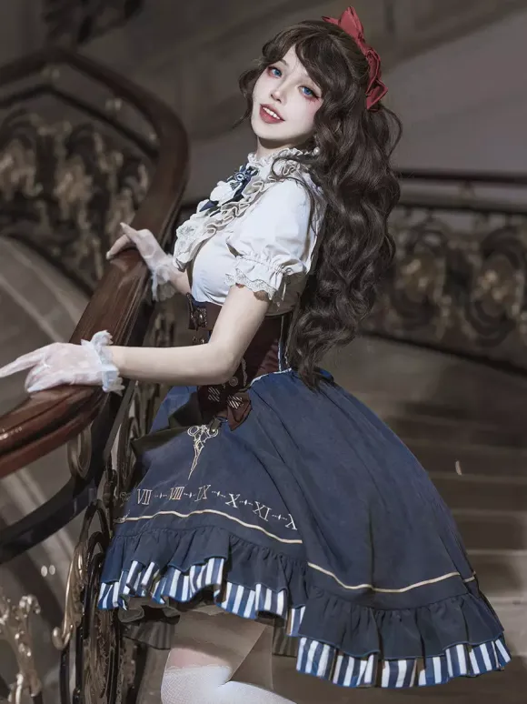 Dark Navy Gothic Lolita Dresses Ruffles Short Sleeves Classic Lolita Dress Set