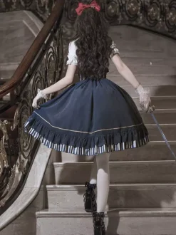 Dark Navy Gothic Lolita Dresses Ruffles Short Sleeves Classic Lolita Dress Set