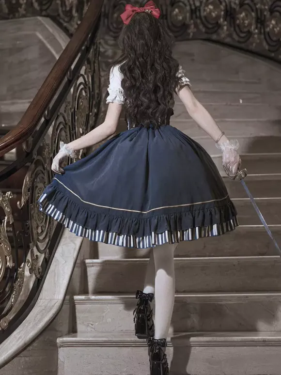 Dark Navy Gothic Lolita Dresses Ruffles Short Sleeves Classic Lolita Dress Set