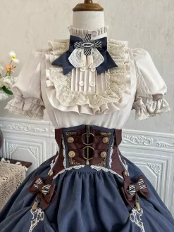 Dark Navy Gothic Lolita Dresses Ruffles Short Sleeves Classic Lolita Dress Set