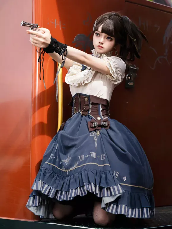 Dark Navy Gothic Lolita Dresses Ruffles Short Sleeves Classic Lolita Dress Set