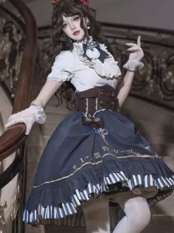 Dark Navy Gothic Lolita Dresses Ruffles Short Sleeves Classic Lolita Dress Set