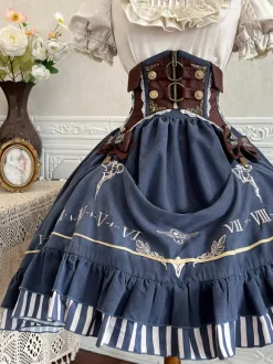 Dark Navy Gothic Lolita Dresses Ruffles Short Sleeves Classic Lolita Dress Set