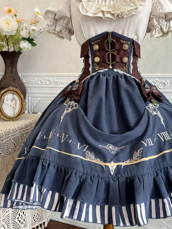 Dark Navy Gothic Lolita Dresses Ruffles Short Sleeves Classic Lolita Dress Set