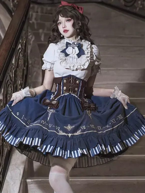 Dark Navy Gothic Lolita Dresses Ruffles Short Sleeves Classic Lolita Dress Set