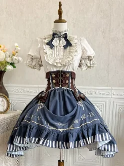 Dark Navy Gothic Lolita Dresses Ruffles Short Sleeves Classic Lolita Dress Set