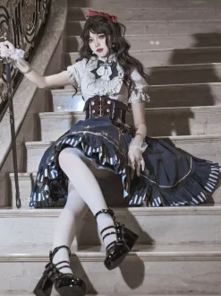 Dark Navy Gothic Lolita Dresses Ruffles Short Sleeves Classic Lolita Dress Set