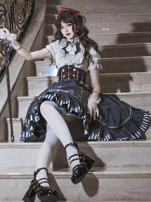 Dark Navy Gothic Lolita Dresses Ruffles Short Sleeves Classic Lolita Dress Set