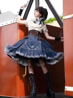 Dark Navy Gothic Lolita Dresses Ruffles Short Sleeves Classic Lolita Dress Set