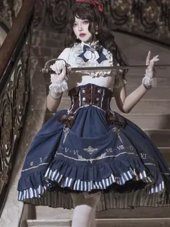 Dark Navy Gothic Lolita Dresses Ruffles Short Sleeves Classic Lolita Dress Set