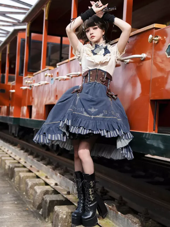 Dark Navy Gothic Lolita Dresses Ruffles Short Sleeves Classic Lolita Dress Set