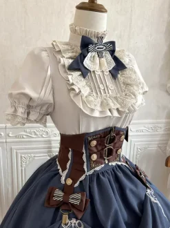 Dark Navy Gothic Lolita Dresses Ruffles Short Sleeves Classic Lolita Dress Set