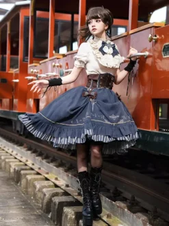 Dark Navy Gothic Lolita Dresses Ruffles Short Sleeves Classic Lolita Dress Set