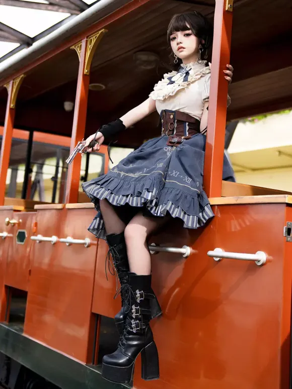 Dark Navy Gothic Lolita Dresses Ruffles Short Sleeves Classic Lolita Dress Set