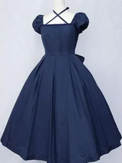 Dark Navy Lolita Dress OP Classic Short Sleeve Cotton Lolita One Piece Dress