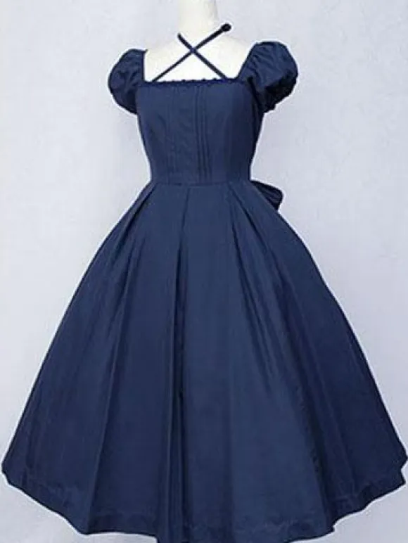 Dark Navy Lolita Dress OP Classic Short Sleeve Cotton Lolita One Piece Dress
